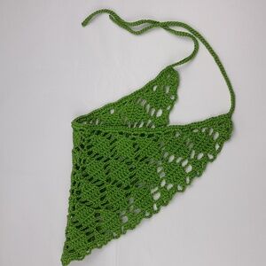 Leaf Green Handcrafted Crochet Filet Patterned Tie Back Head Bandana Kerchief